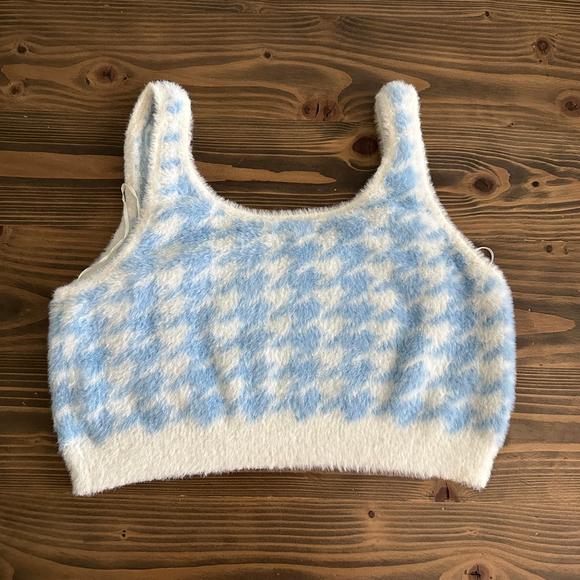 Women’s Aeropostale Blue White Houndstooth Fuzzy Crop Top Size Large Y2K - Picture 3 of 6